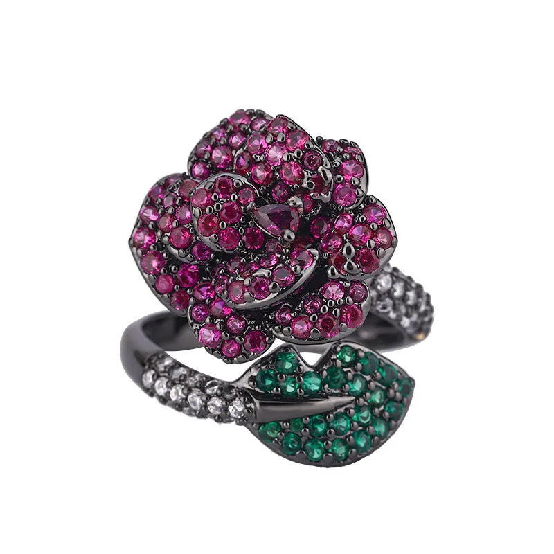 Geometric black gold ring with simulated red corundum stones for women