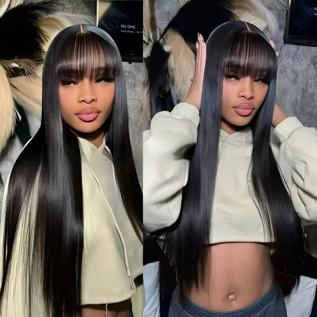 Natural colour human hair straight fringe wig with full-mechanism headgear on display