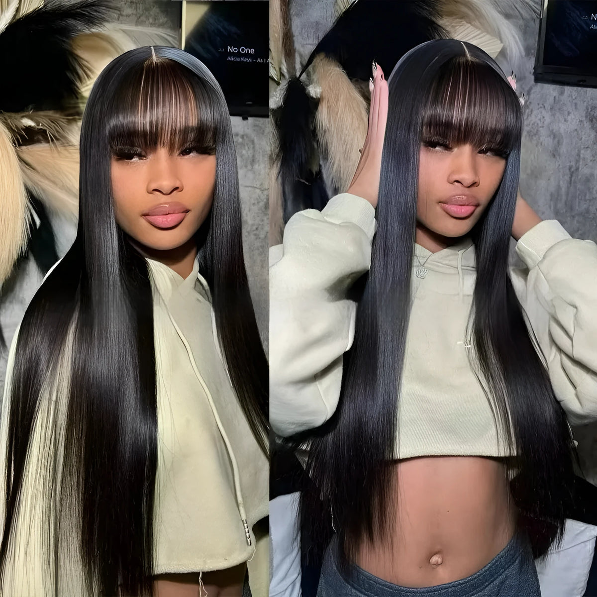 Natural colour human hair straight fringe wig with full-mechanism headgear on display