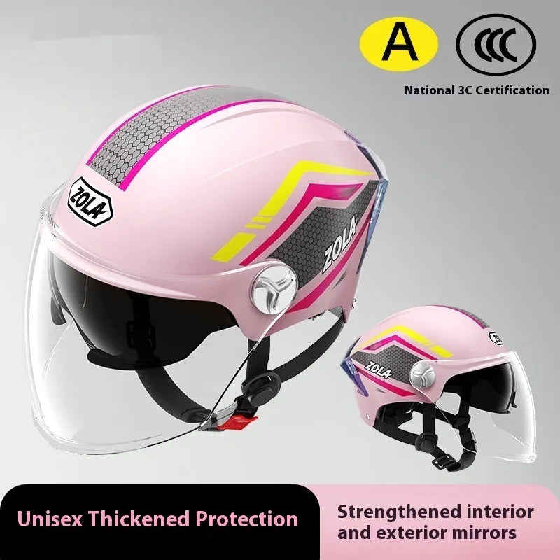 3C certified ABS half motorcycle helmet with double mirror visor in various colours for men women and children