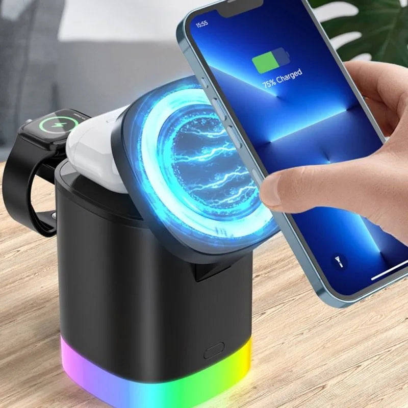 3 in 1 magnetic wireless fast charger cube with RGB ambient light, foldable design, black or white, USB outlet.