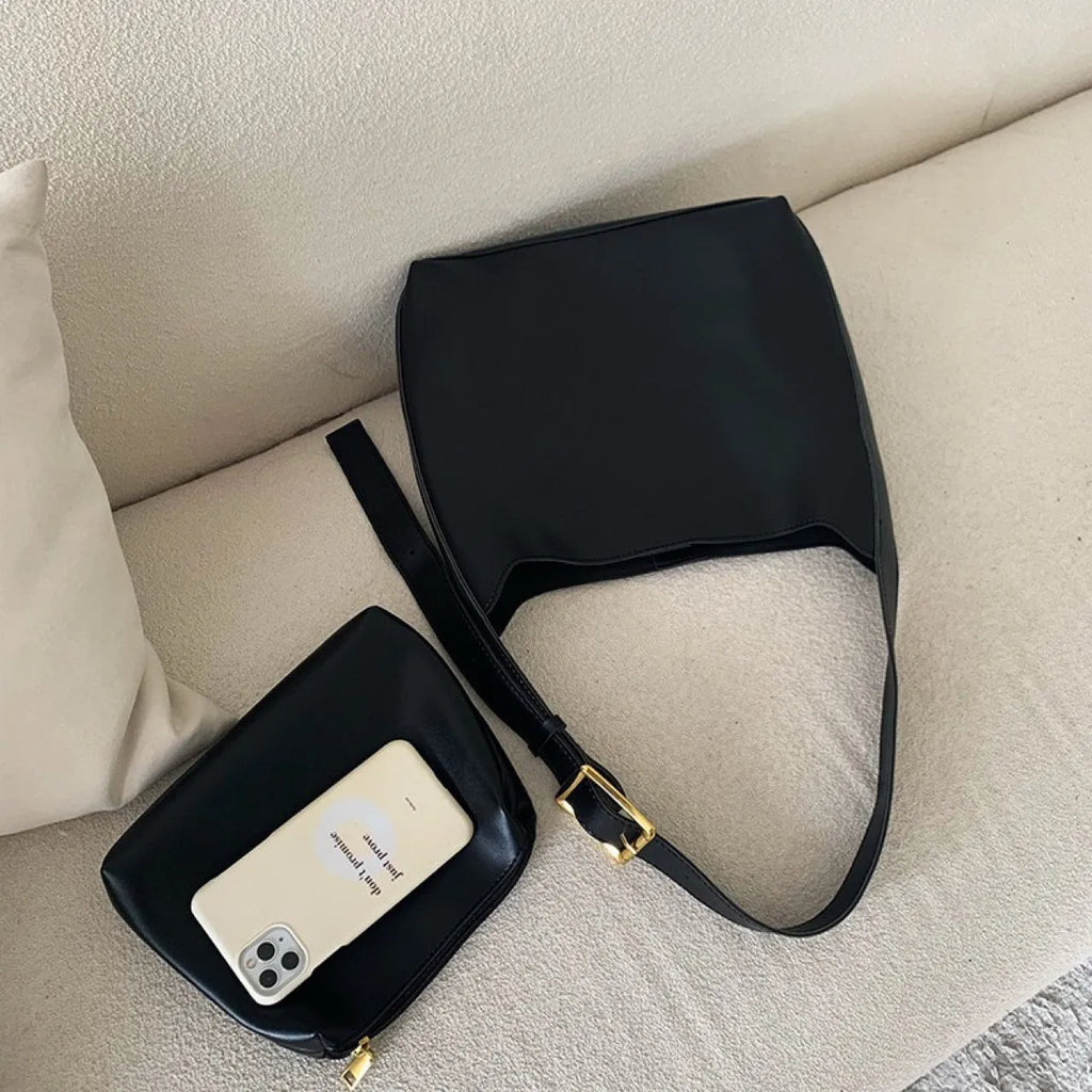 Women's soft PU shoulder bag set showing black ribbon and brown packet versions with swing threads detail