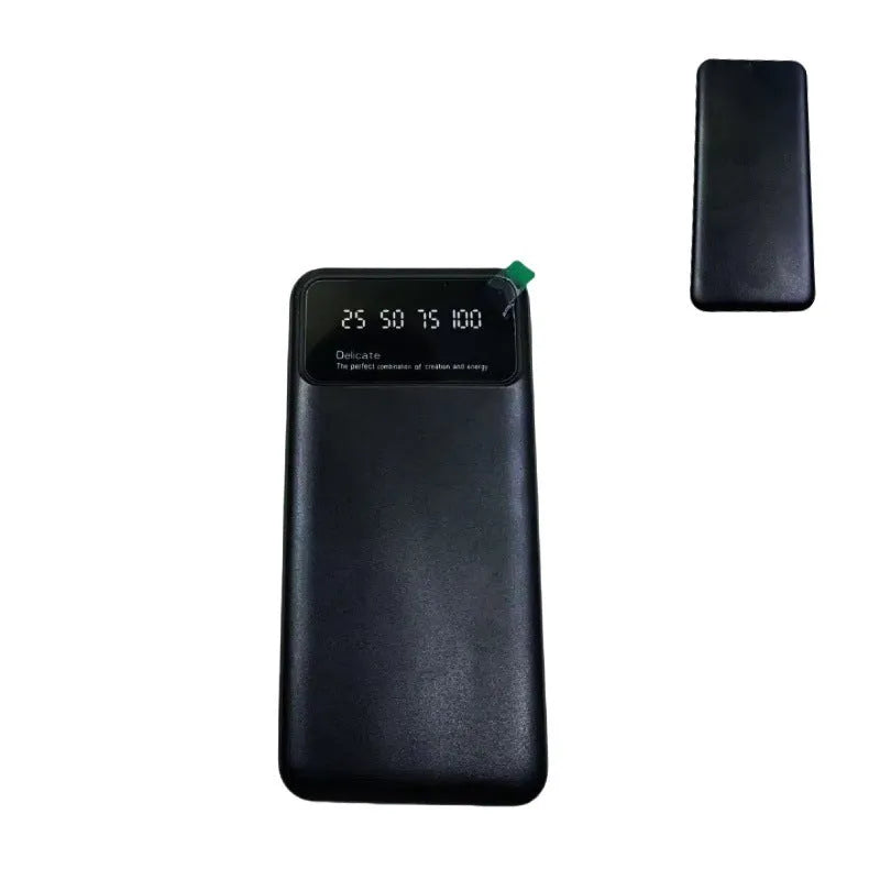Black ultra-thin power bank showing compact 67x14x140mm dimensions with 10000mAh capacity display