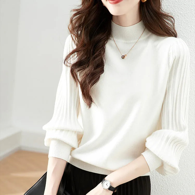 Women's slim fit half turtleneck bottoming shirt in a sunken stripe design, shown in apricot colour.