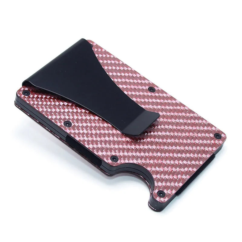 Carbon fibre geometric wallet card holder showing 8mm thickness holding multiple bank cards