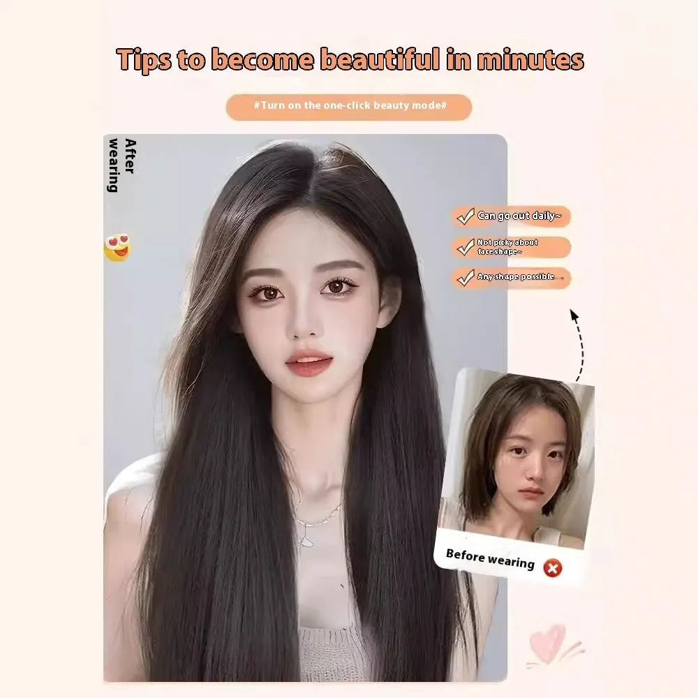 Long straight synthetic wig with side bangs and forehead lace front in dark brown colour.