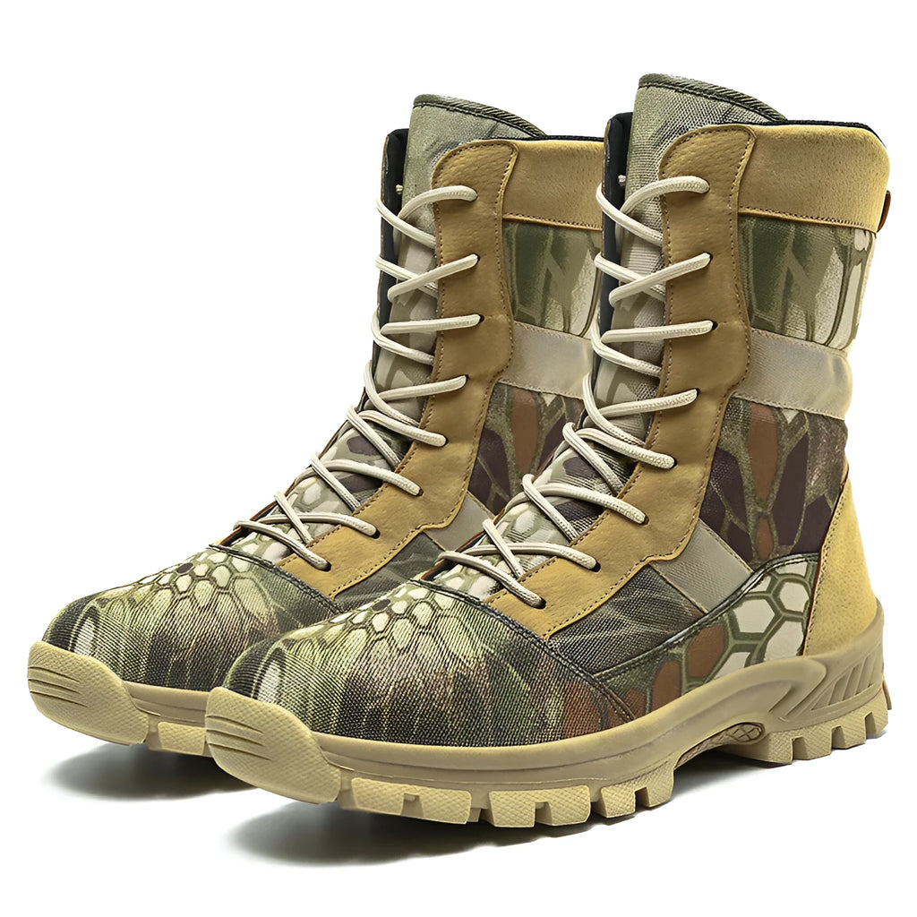 Men's black and camouflage plus size high-top combat boots with mesh upper and totem design.