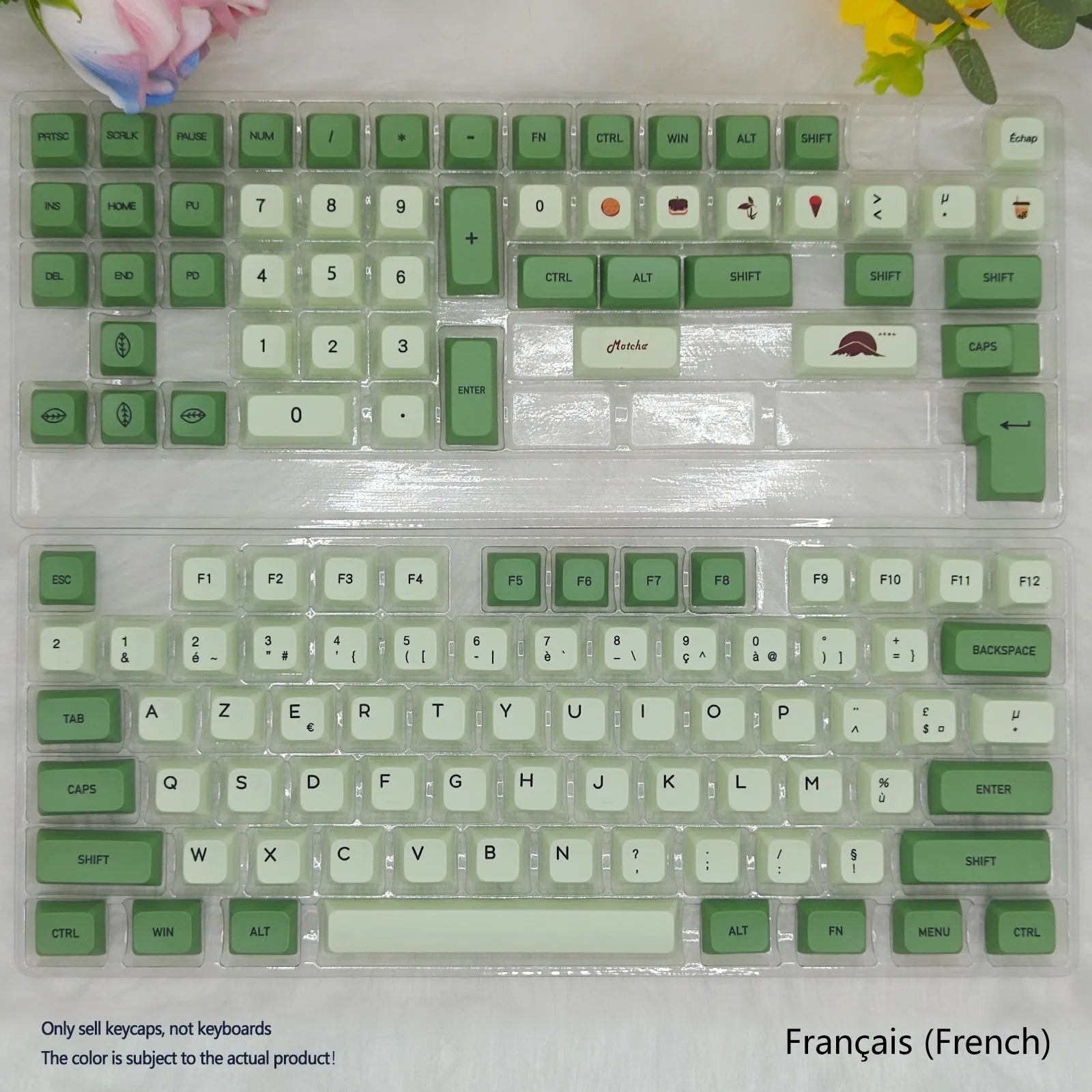 124 PBT keycaps with matcha green colour and white doubleshot legends for mechanical keyboards.