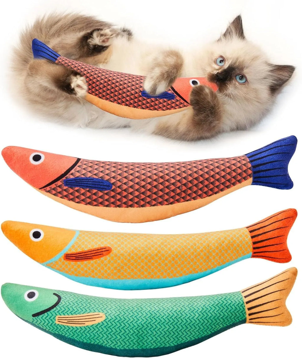 Green, orange, and yellow soft plush saury fish cat toys with catnip filling for interactive play