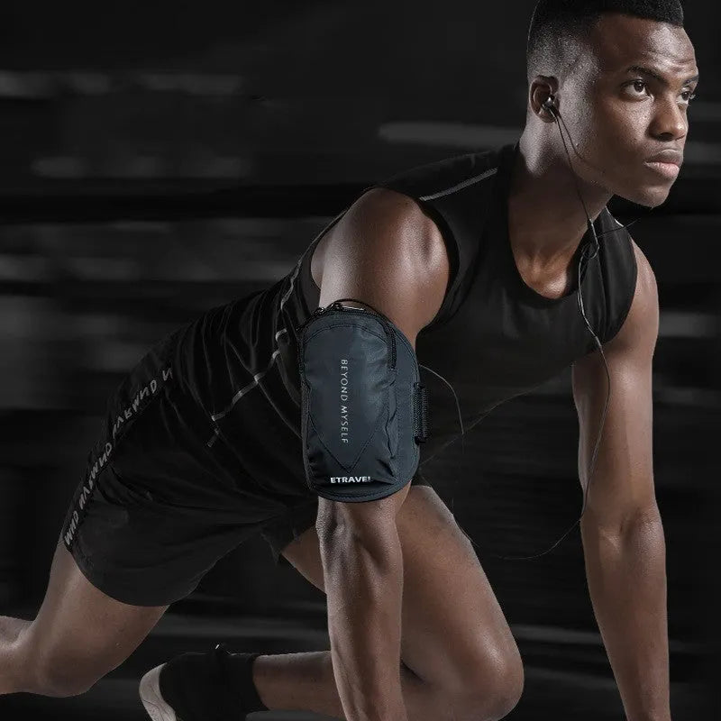 Running arm bag with reflective strips and adjustable arm strap in black colour