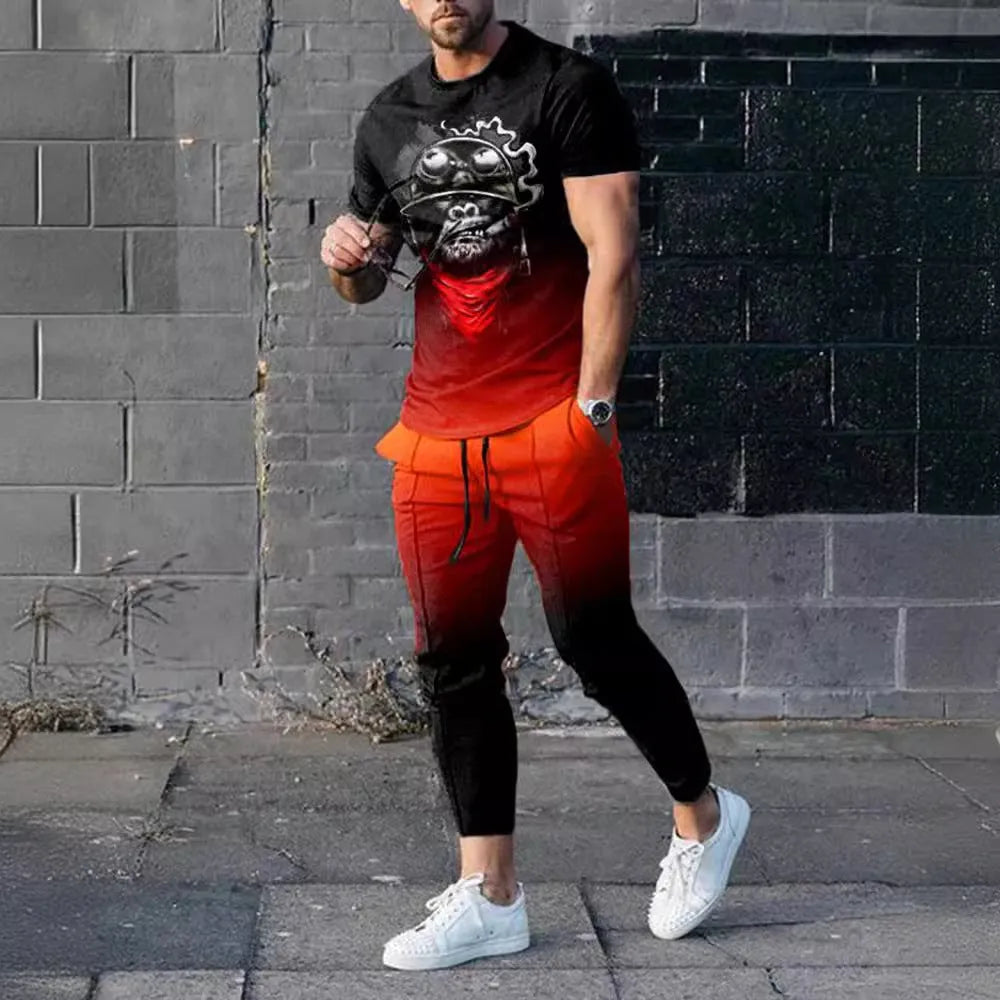 Men's lightweight printed short-sleeve top and trousers two-piece sports suit set