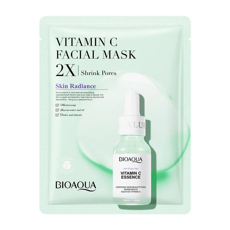Single-use facial sheet mask with gel serum, shown in Centella, Collagen, Hyaluronic Acid or Vitamin C variants.