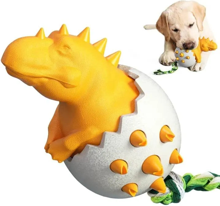 Blue durable rubber dog chew toy with rope and dinosaur design for aggressive chewers