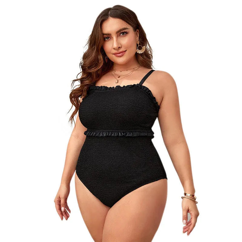 Black plus-size women's bikini swimsuit with double shoulder straps and belly cover design
