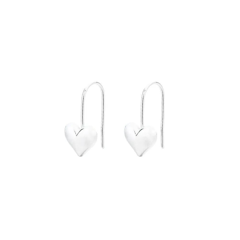 Silver Korean-style three-dimensional heart earrings with glossy finish and ear hook fastening