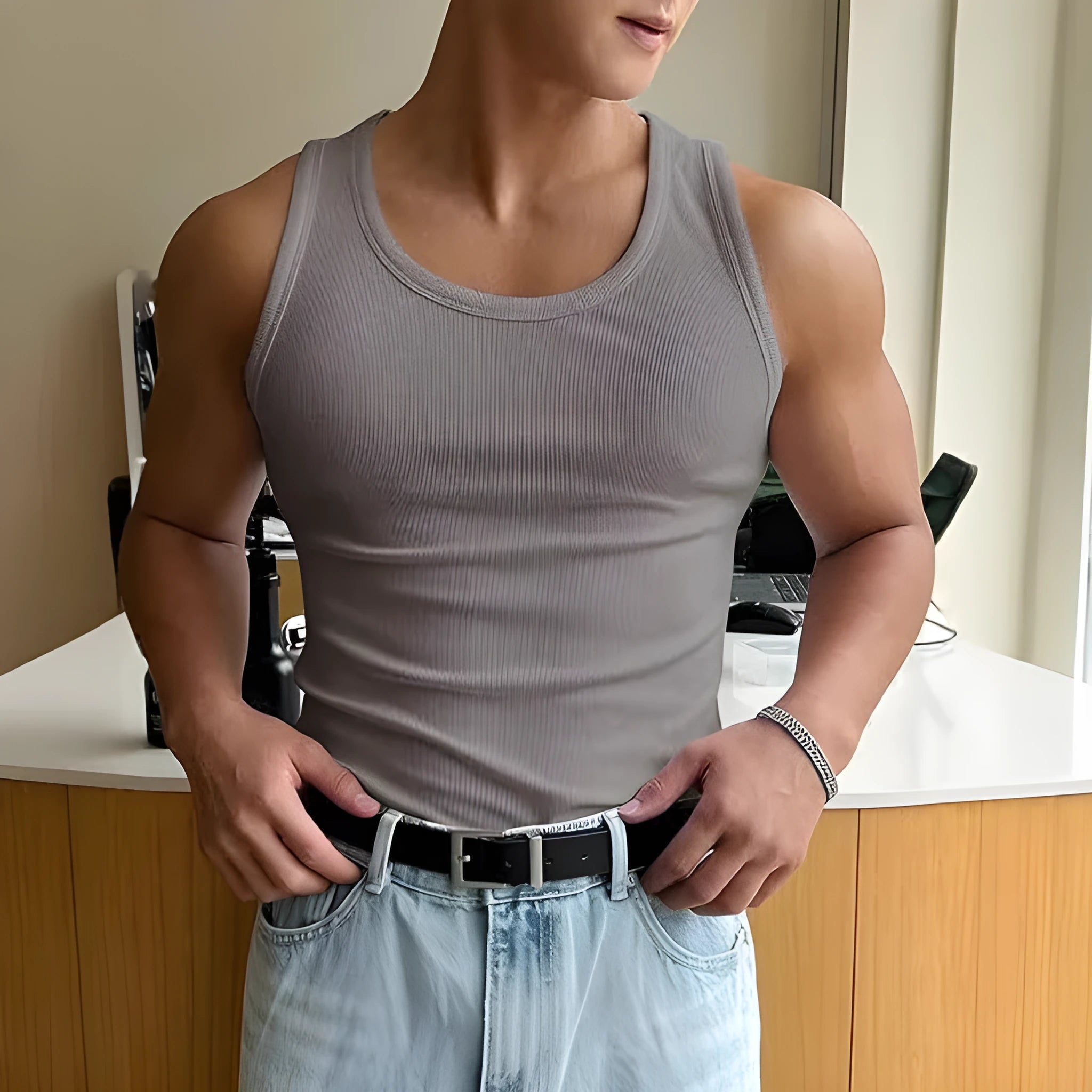 Men's tight-fit sports t-shirt with wool lining in black colour shown front view