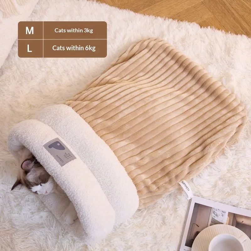 Warm cat bed sleeping bag in cotton fleece, thick corduroy and lamb fleece, sizes S M L, Brown Grey-Blue Beige
