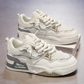 Men's low-top board shoes in white and yellow, white and black, and beige colourways with mesh lining