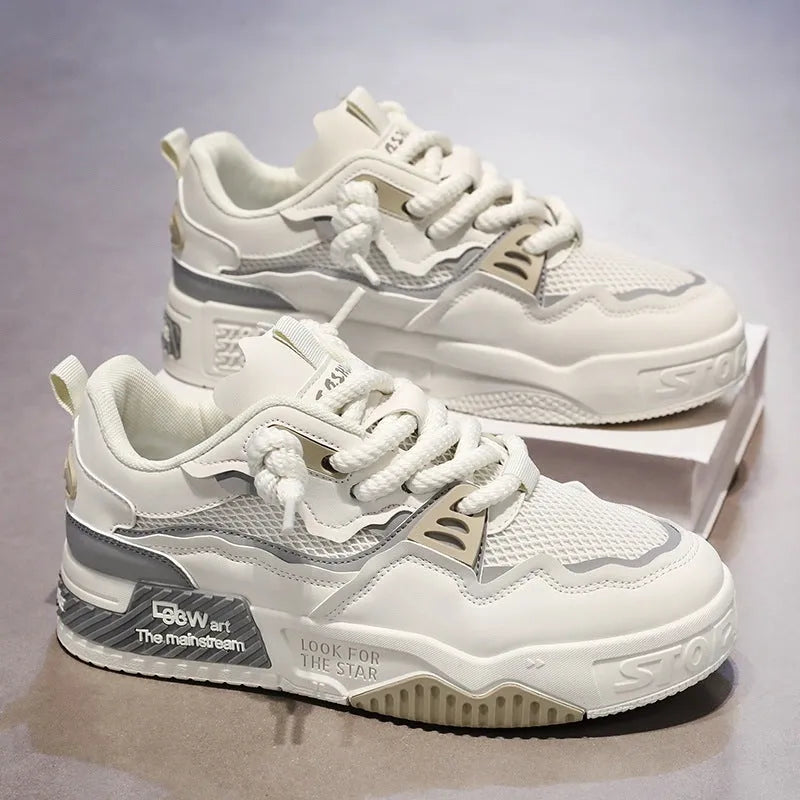 Men's low-top board shoes in white and yellow, white and black, and beige colourways with mesh lining