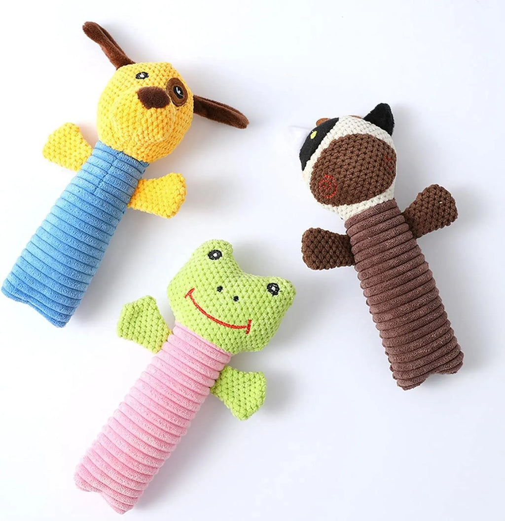 Squeaky stuffed animal dog chew toy in calf, frog, or puppy shape for dental cleaning