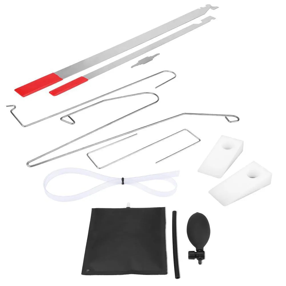 9-piece automotive maintenance tool set with air pump wedge, hooks, and crowbars for emergency vehicle access