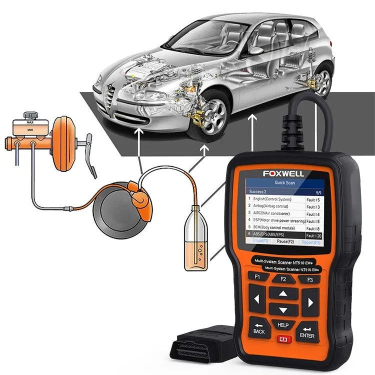 Foxwell NT510 orange and black automotive diagnostic scanner with screen and data cable.