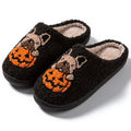 Halloween pumpkin house slippers in black or white with plush velvet cotton upper and non-slip TPR rubber sole