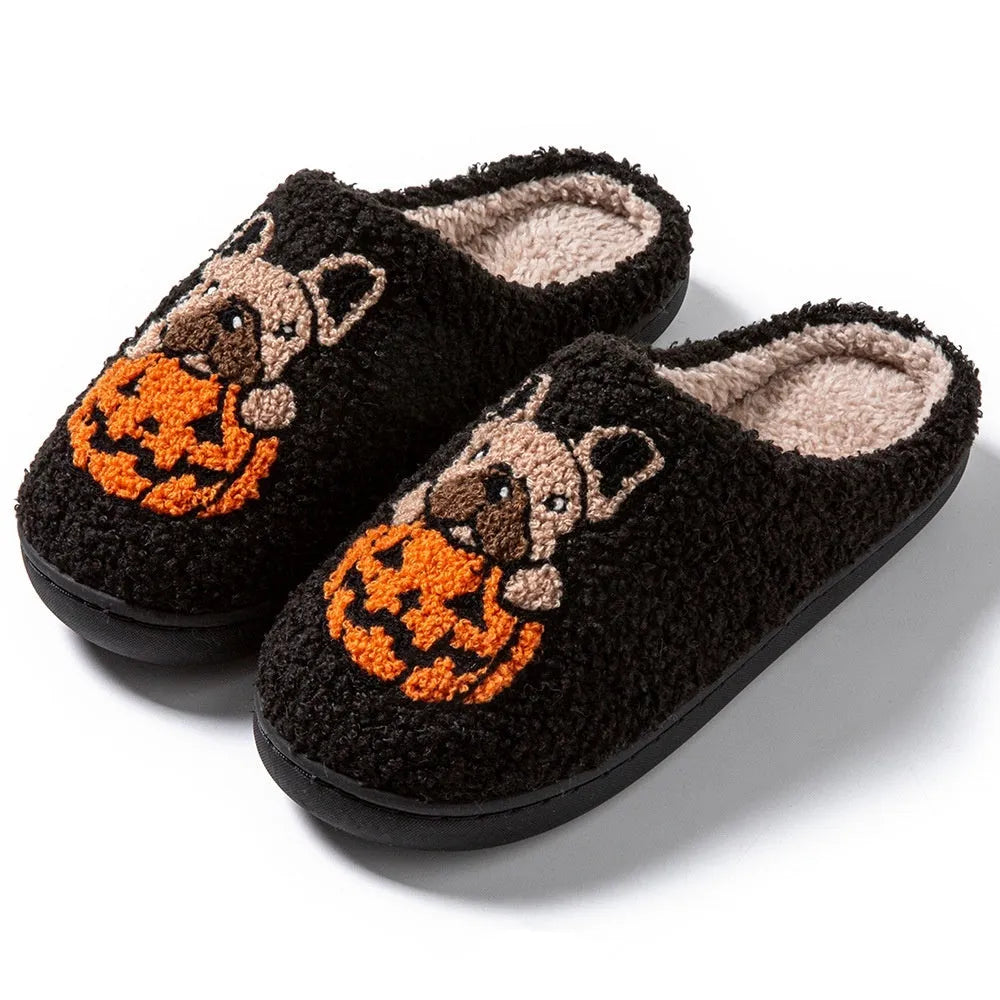 Halloween pumpkin house slippers in black or white with plush velvet cotton upper and non-slip TPR rubber sole