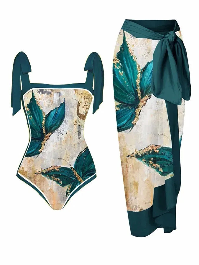 Women's printed chiffon two-piece swimsuit with matching skirt in floral pattern