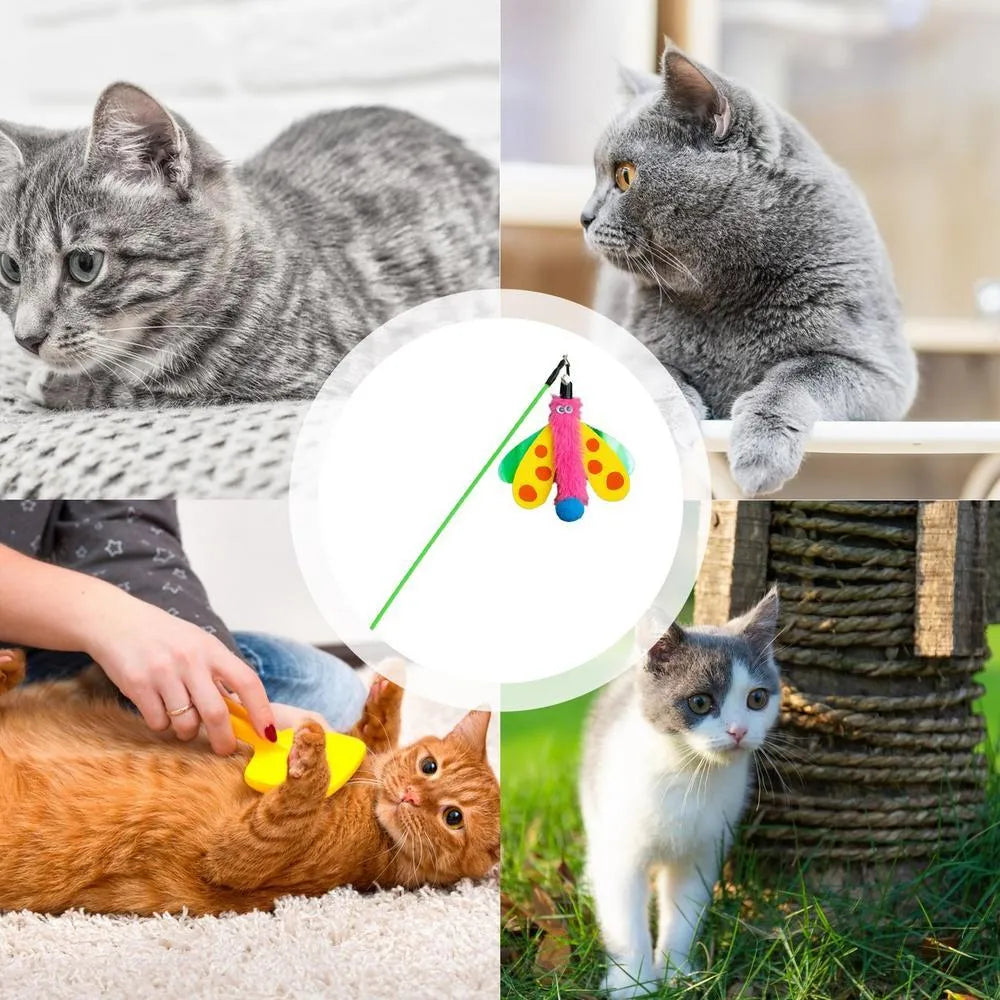 Blue cat wand toy with dragonfly attachment and bell on 49cm extendable stick