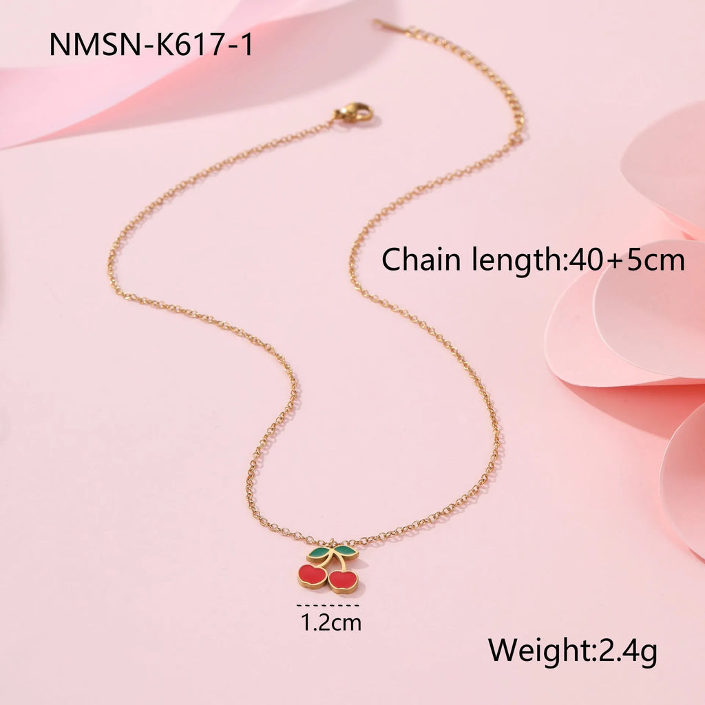 Cherry design stainless steel necklace, bracelet, earrings, and ring set with 18K electroplated finish.
