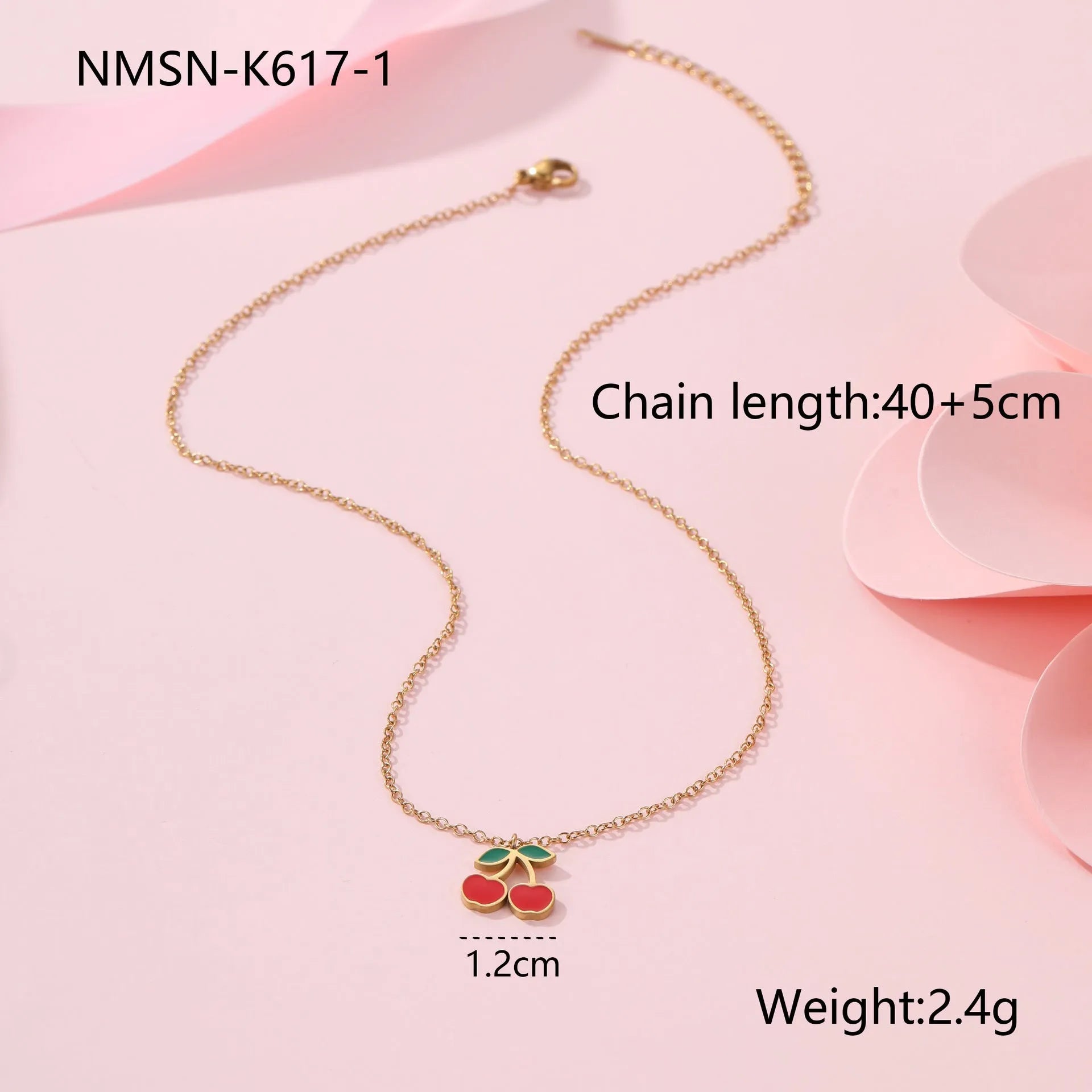 Cherry design stainless steel necklace, bracelet, earrings, and ring set with 18K electroplated finish.