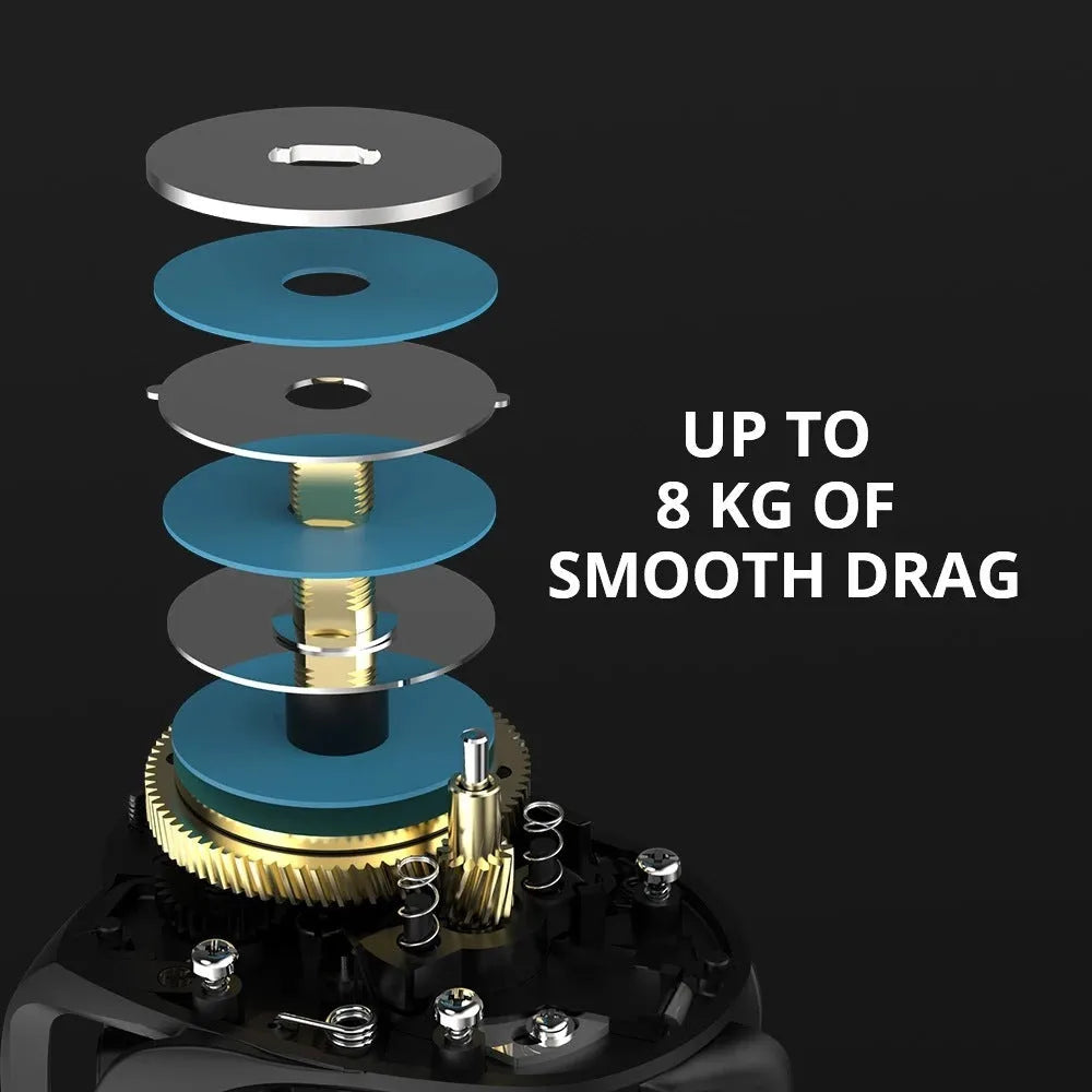 Drip wheel spinning fishing reel showing rocking wheel line guide system