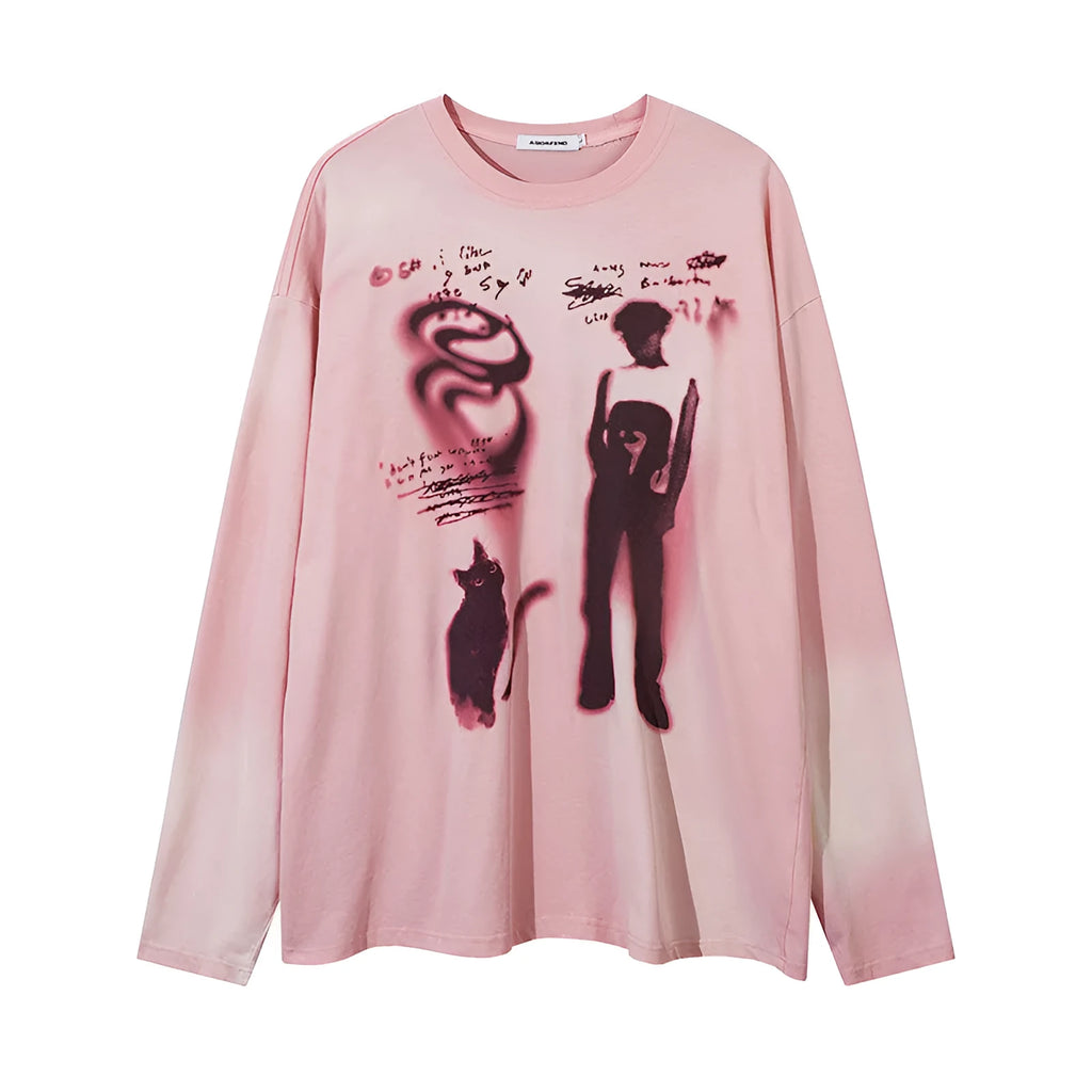Women's loose dark grey cotton pullover top with letter print and drop shoulder long sleeves