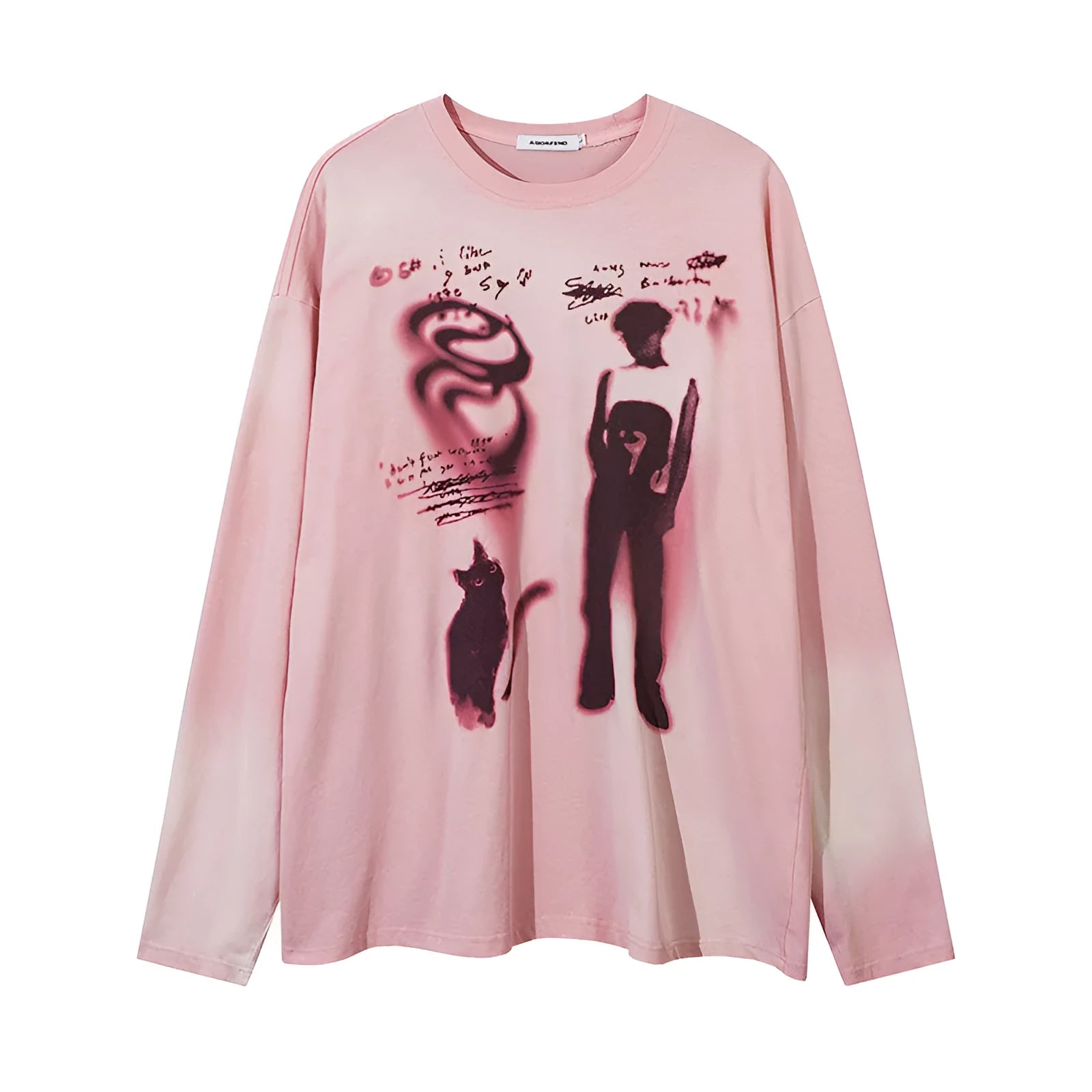 Women's loose dark grey cotton pullover top with letter print and drop shoulder long sleeves