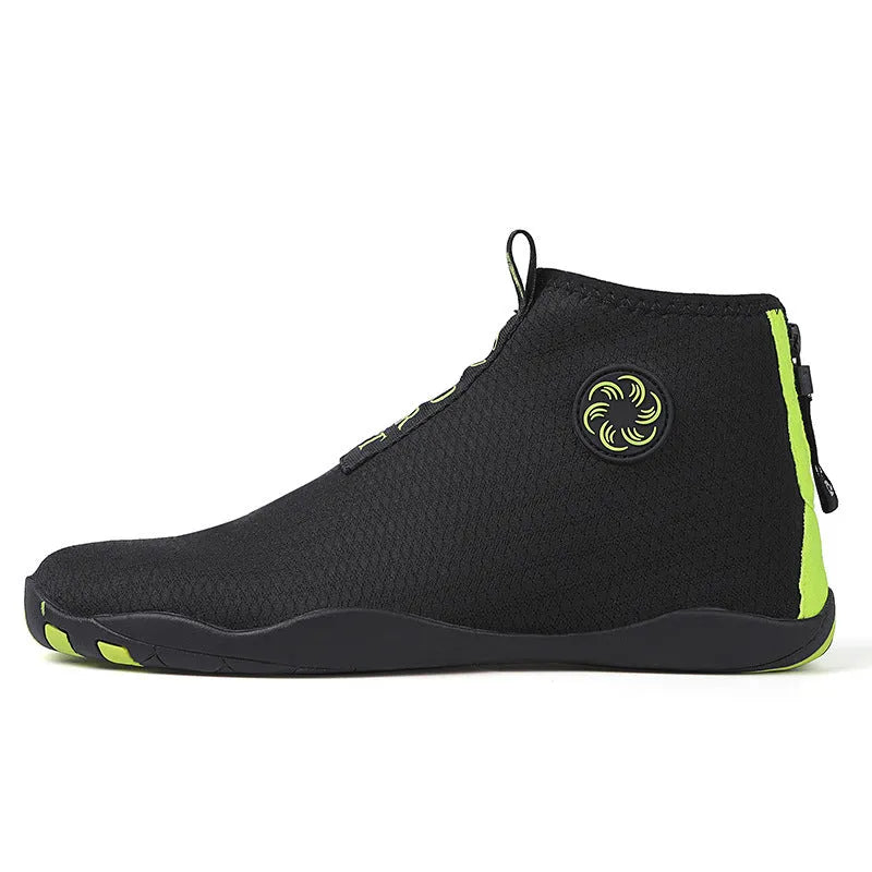 Mid-top quick-dry mesh beach shoe with non-slip rubber sole in black and fluorescent green.
