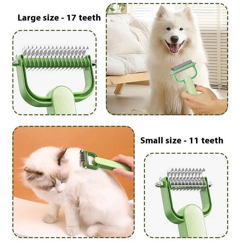 Green and grey dog detangling comb with stainless steel teeth and plastic handle in large and small sizes