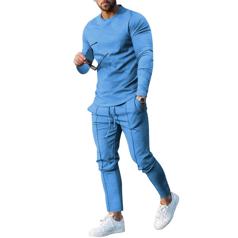Men's light grey polyester two-piece suit with long sleeve round-neck t-shirt and matching trousers