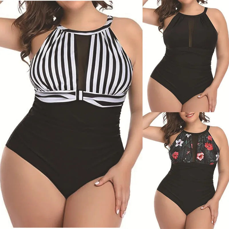 Women's black lace-trimmed one-piece swimsuit on a hanger