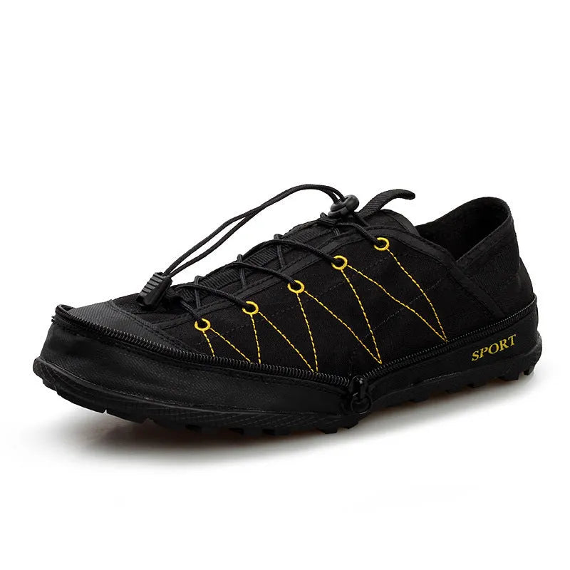 Portable folding outdoor hiking shoes with side zip in orange, black or grey mesh material