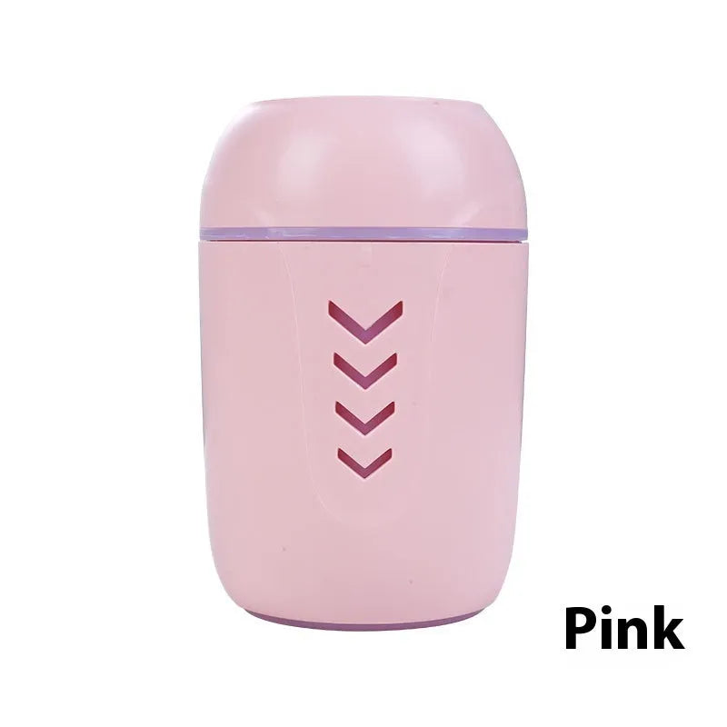 Round portable air purifier unit in white, pink, or blue colour options with USB cable for vehicle and desktop use