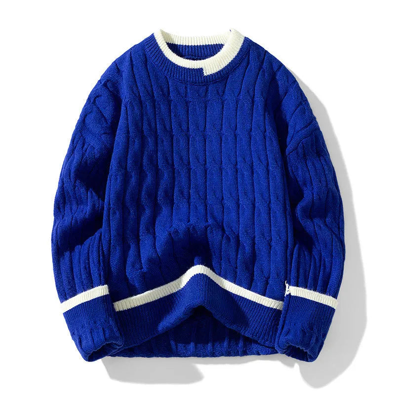 Men's loose grey and blue acrylic modal sweater set on a hanger, showing long sleeves and pullover style.