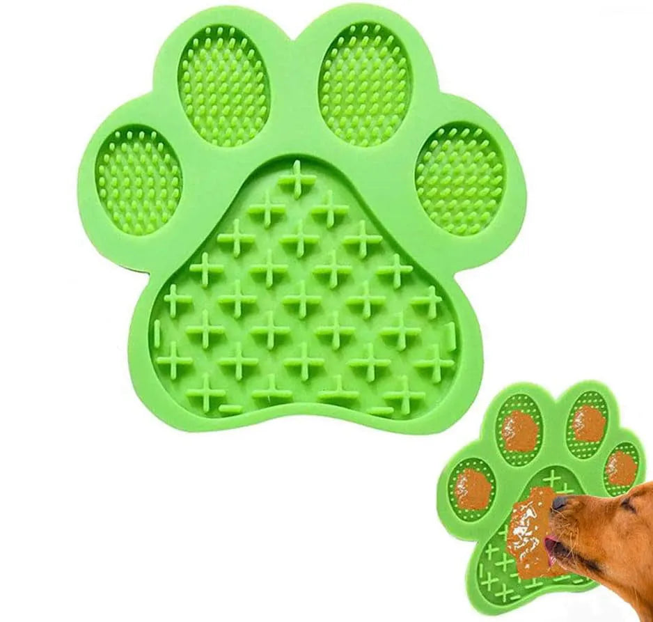 Square blue silicone dog licking mat with bone texture and suction cups on the back.