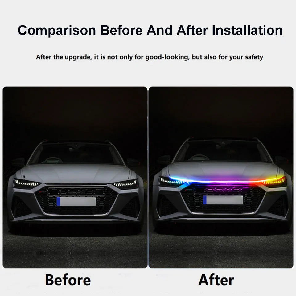Flexible PVC LED strip light installed on a car engine cover showing white and red glow options