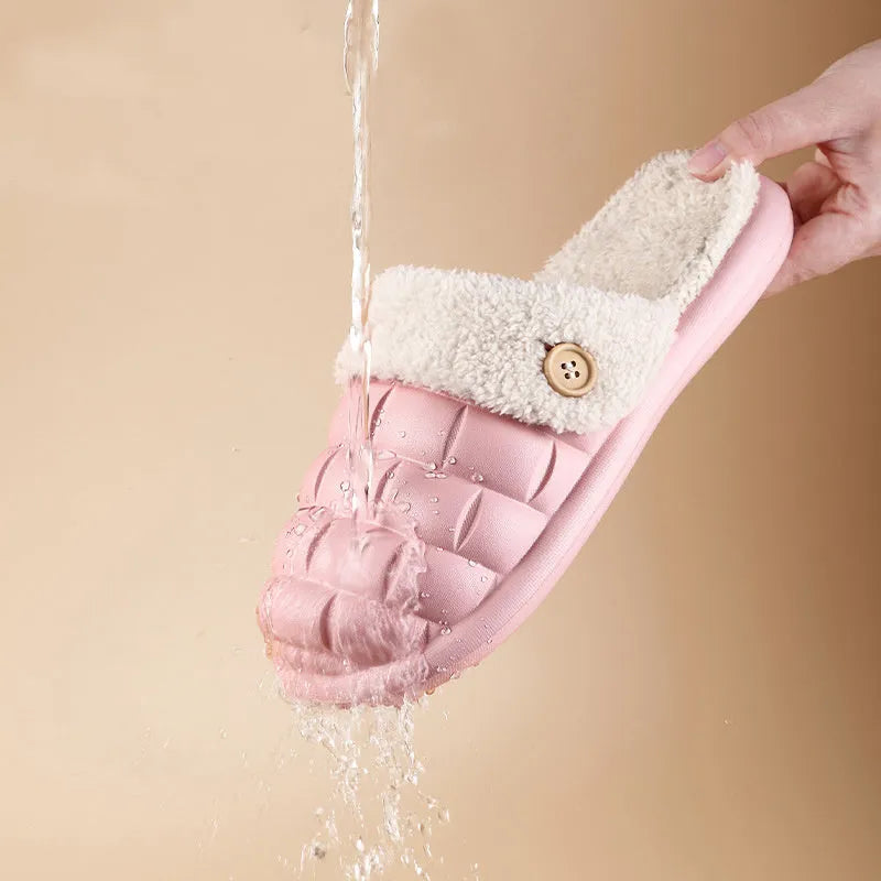 Pink and grey detachable EVA slippers with plush lining and a textured non-slip sole.