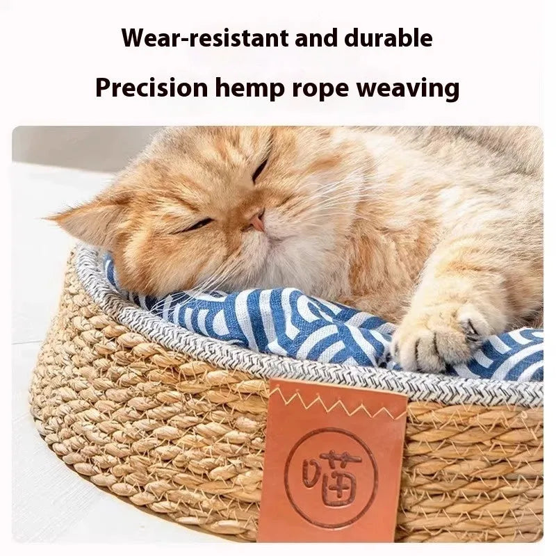 A woven rattan cat nest or bed, shown in one of four available sizes: S, M, L, or XL.