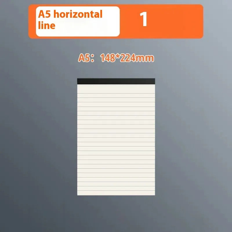A5, B5 and A4 writing pads with blank, grid and horizontal line rulings showing tearable sheets