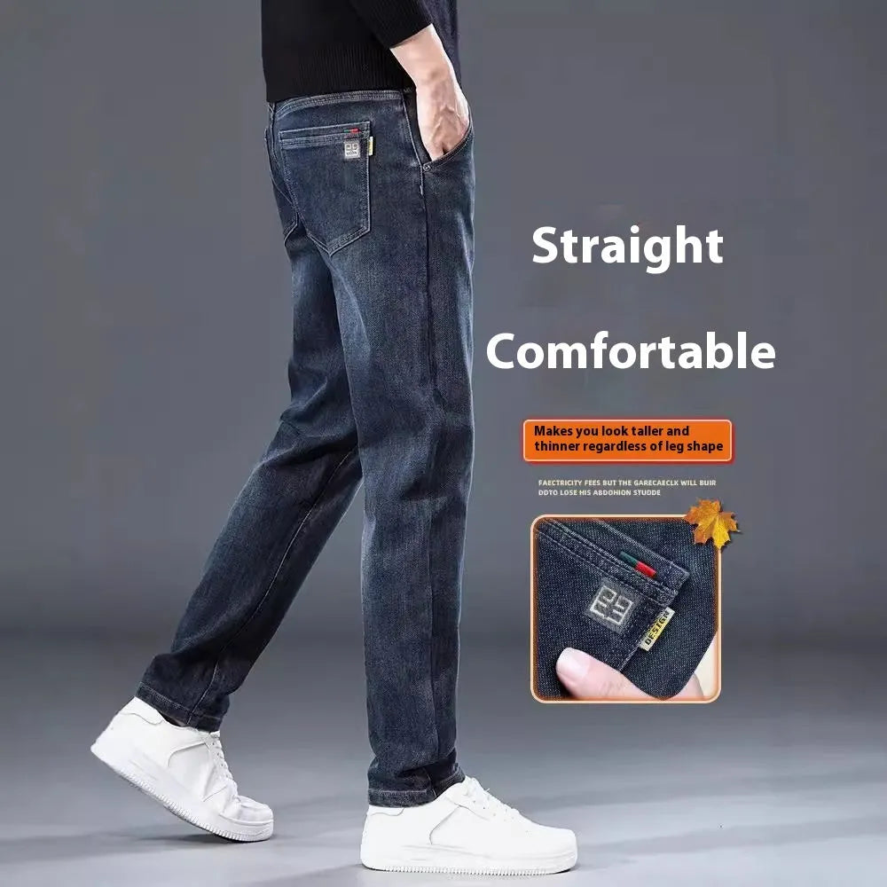 Men's slim straight loose casual trousers in blue grey or black, made from thin polyester fabric with micro elasticity.