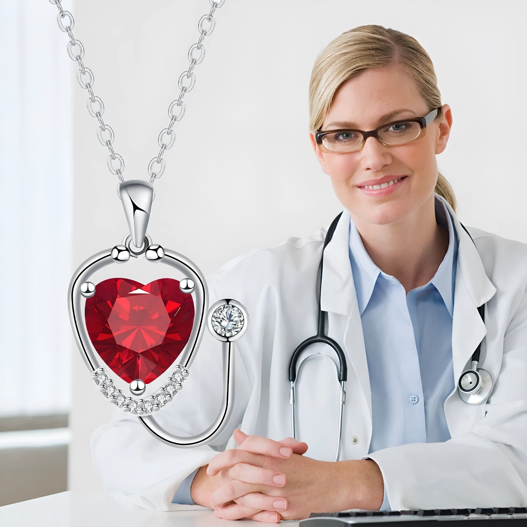 Red diamond wings cross stethoscope necklace for women, made from electroplated copper.