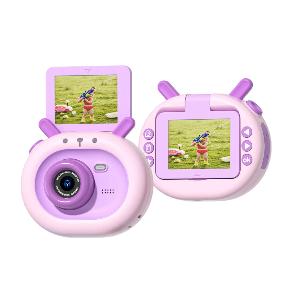 Purple and dark green children's digital camera with flip screen, silicone case lanyard, and accessories